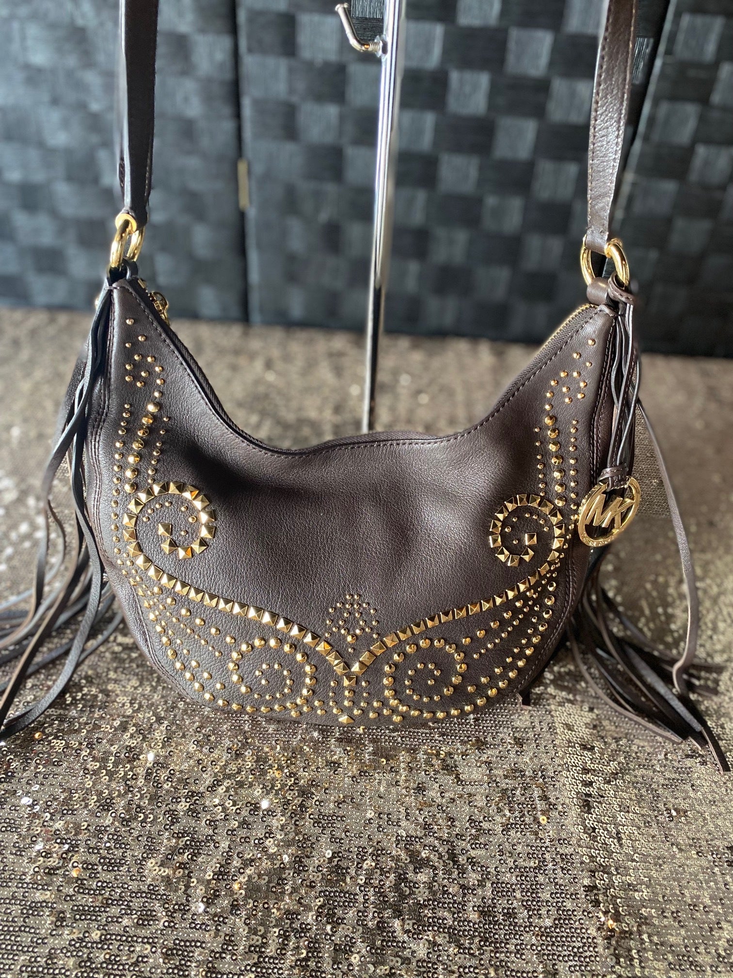 Michael Kors Dark Chocolate Rhea Studded Leather Tassel Boho Crossbody Bag