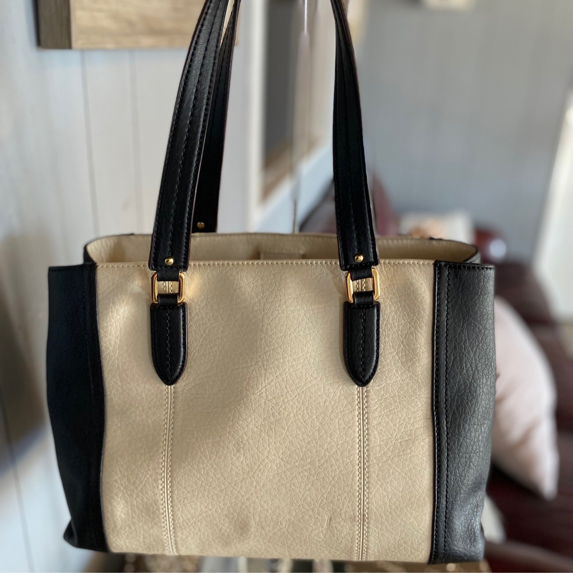 Lauren by Ralph Lauren Cream Black Leather Tote Danielle s